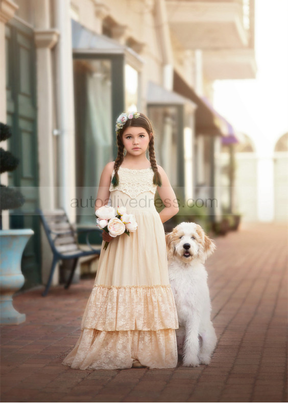 Champagne Jersey Lace Twirl Flower Girl Dress